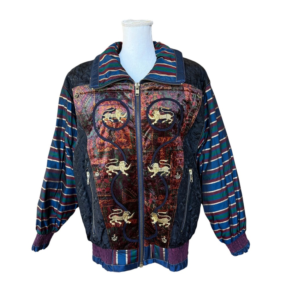 Vintage Gallery Lion Embroidered Bomber Jacket XS Metallic Striped Quilted NWT